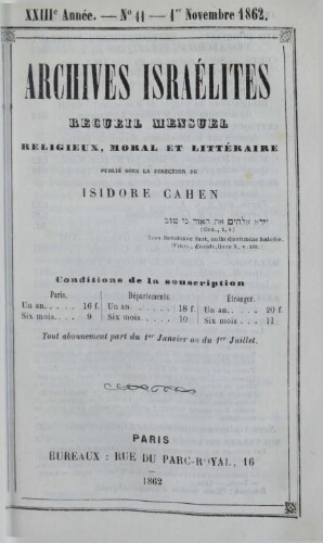 Archives israélites de France. Vol.23 N°11 (noembre 1862)